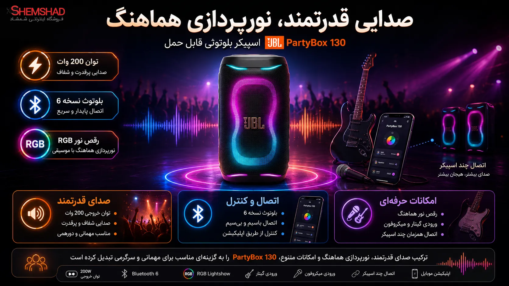 JBL PartyBox 130 Speaker – ShemShad اسپیکر بلوتوثی قابل حمل جی بی ال مدل PartyBox 130