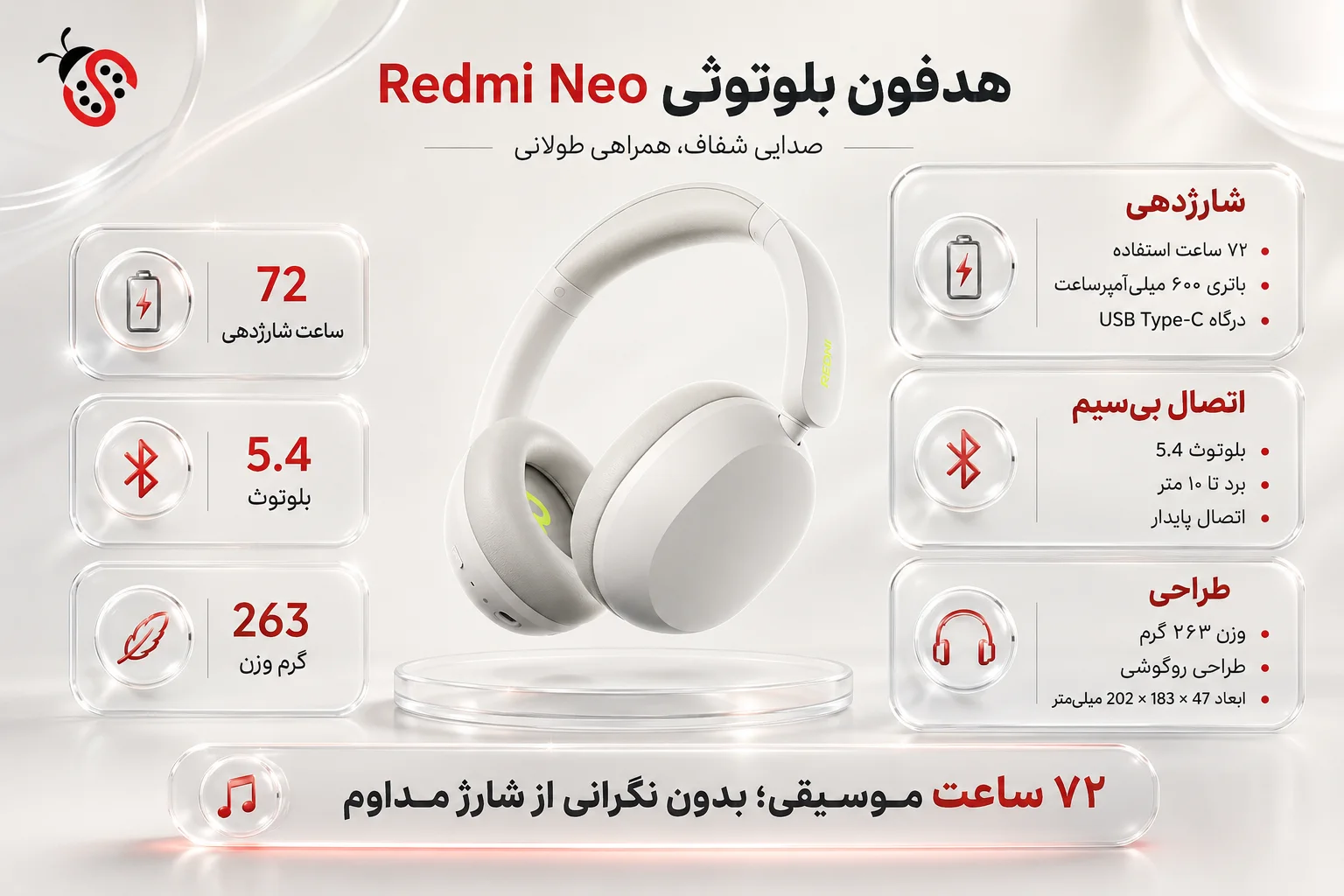 REDMI Headphones Neo – ShemShad هدفون بلوتوثی شیائومی Redmi Neo؛ ۷۲ ساعت شارژدهی