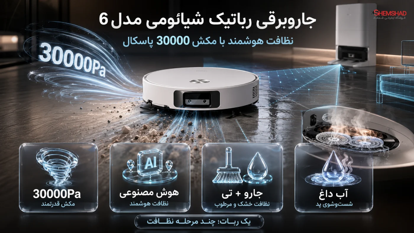 Xiaomi Robot Vacuum 6 – ShemShad جاروبرقی رباتیک شیائومی مدل 6؛ نظافت هوشمند با مکش قدرتمند 30000 پاسکال